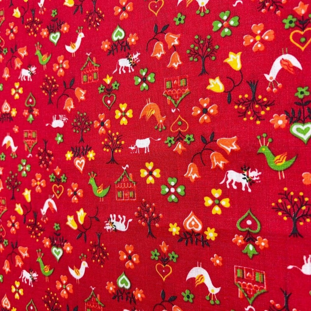 Vtg Heart Bird Ditsy Fabric 44" W x 11" L Retro Red Orange Green Flower Bud Tree